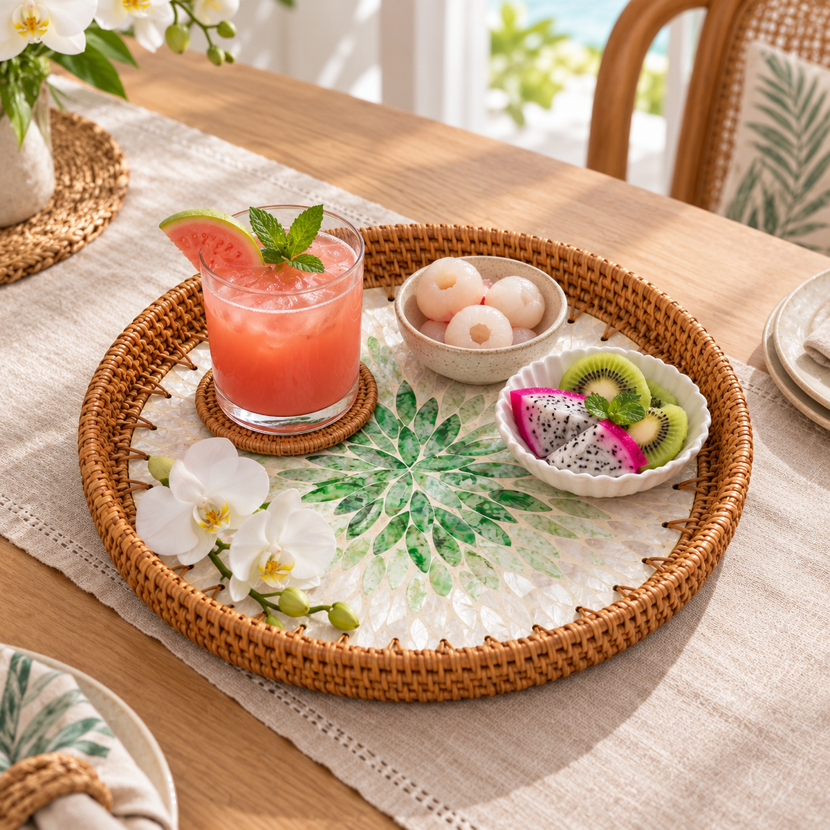 Maris Shell Mosaic Rattan Serving Tray